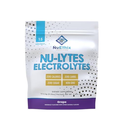 NuEthix Formulations NU-LYTES Electrolytes Hydration Packets, Zero Calories, Zero Sugar, Zero Carbs, Non-GMO, Electrolytes Powder Packets, Glycogen Replenishment, 15 Servings (Grape)