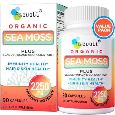 Organic Sea Moss Capsules, Seamoss Advanced with Bladderwrack Burdock Root, Wild Irish Sea Moss for Immune Health, Gut, Energy, Hair, Skin, Nails Joint Health - 90 Vegan Capsules