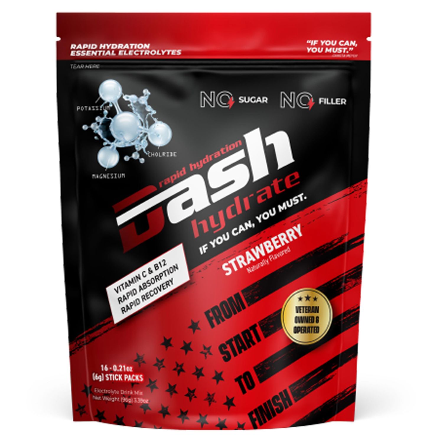 DASH Hydrate Rapid Hydration Electrolyte Drink Mix Packets Rapid Absorption Recovery with No Sugar Activate Energy - Detoxify - Support 16 ct (Strawberry)