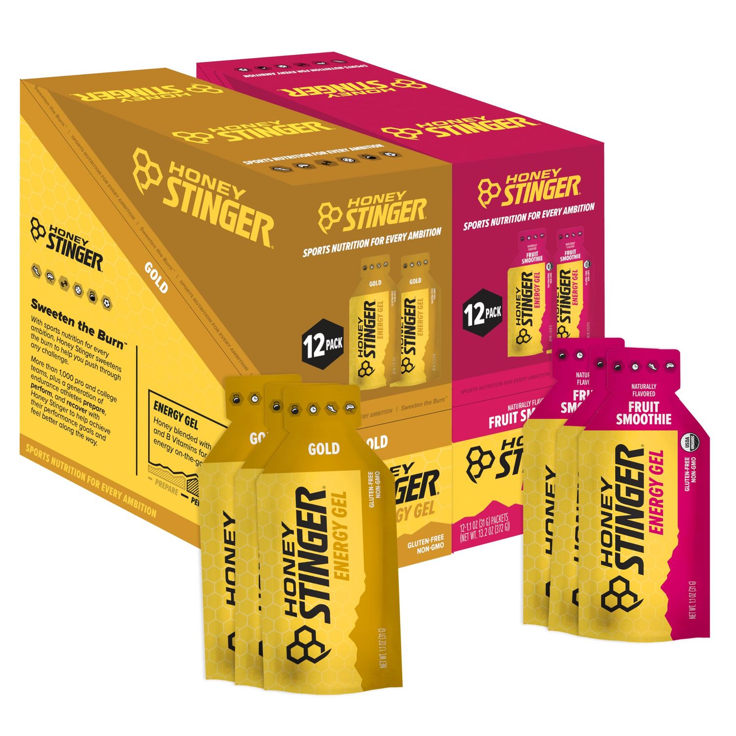 Honey Stinger Energy Gel Variety Pack 12 Packs Each of Gold and Organic Fruit Smoothie Gluten Free Caffeine Free Sports Nutrition for Home Gym, Pre and Mid Workout