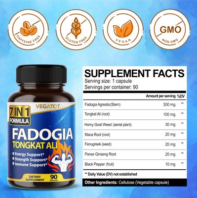 VEGATOT 7 in 1 High Strength Fadogia Concentrated with Tongkat Ali Maca Root Fenugreek Ginseng Boost Energy Stamina 3-Month Supply (90 Count (Pack of 1))