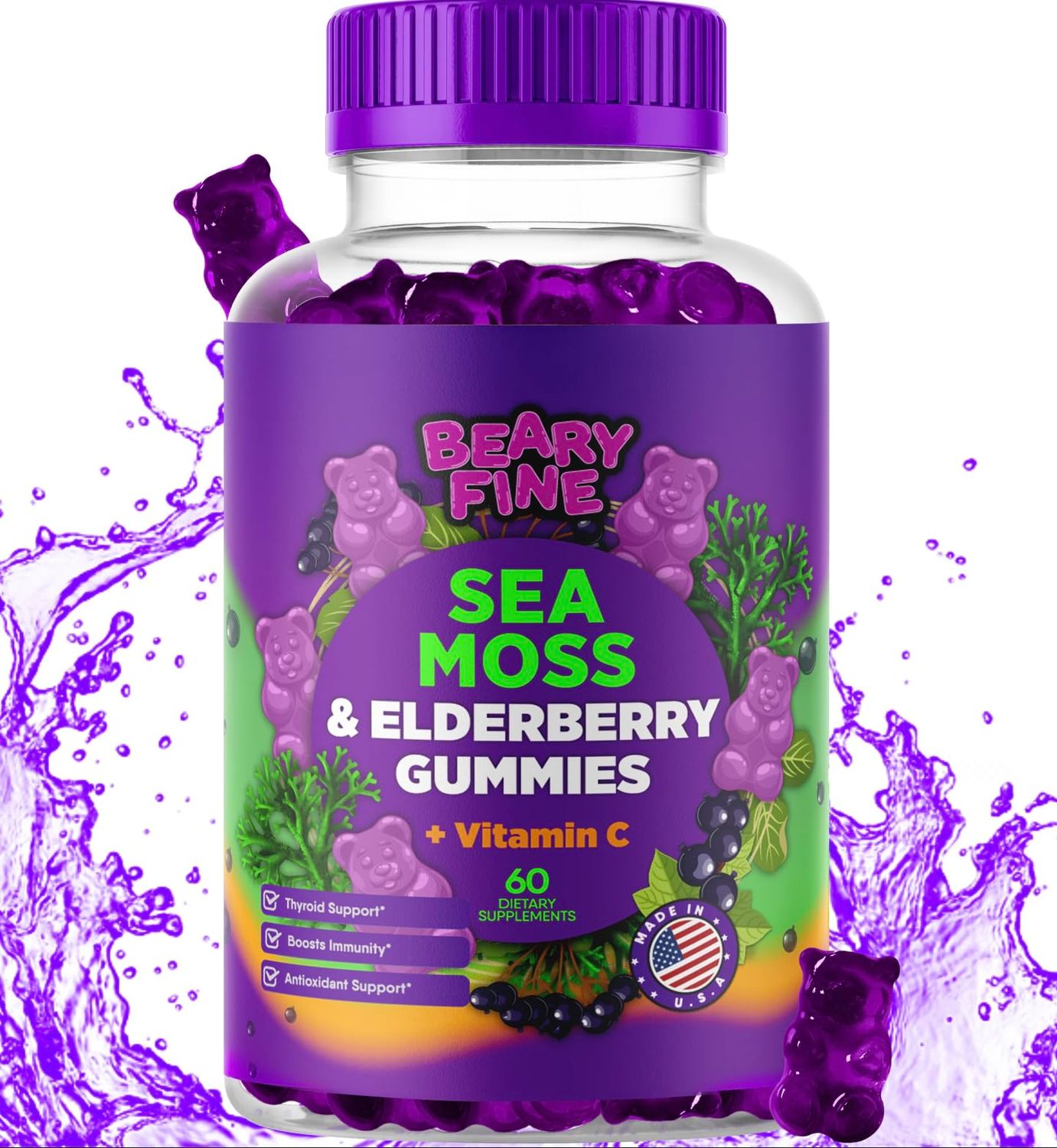 Beary Fine Sea Moss Gummies Elderberry - Vitamin C Zinc - Extra Strength Immune Thyroid Support Booster Gummy Bears for Kids Adults - 60 Seamoss Gummies - Made in The USA