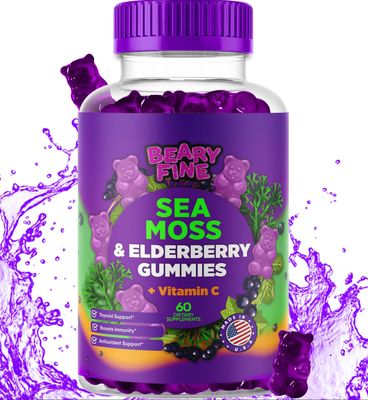 Beary Fine Sea Moss Gummies Elderberry - Vitamin C Zinc - Extra Strength Immune Thyroid Support Booster Gummy Bears for Kids Adults - 60 Seamoss Gummies - Made in The USA
