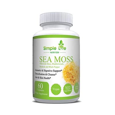 Simple Life Nutrition Organic Irish Sea Moss Capsules 1400MG - Advanced with Burdock Root, Bladderwrack Black Pepper - Immune System, Gut Thyroid Cleanser Sea Moss Gel Powder Supplement - 60CT