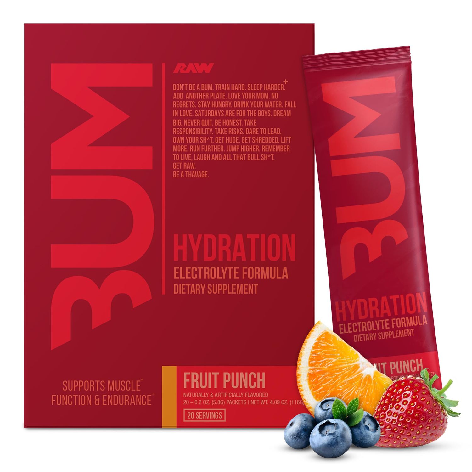 RAW Electrolytes Powder Hydration Drink Mix Packets, BUM Hydrate (Fruit Punch, 20 Servings) - Electrolyte Hydration Packets Supports Muscle Function Endurance - Keto Free Electrolytes Powder Packets