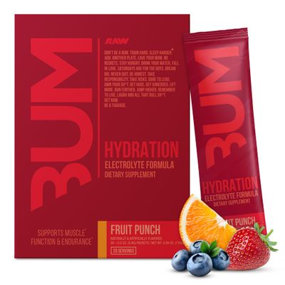 RAW Electrolytes Powder Hydration Drink Mix Packets, BUM Hydrate (Fruit Punch, 20 Servings) - Electrolyte Hydration Packets Supports Muscle Function Endurance - Keto Free Electrolytes Powder Packets