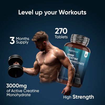 WeightWorld Creatine Monohydrate 3000mg - 270 Vegan Tablets (3 Months Supply) - 90 Servings - for Muscle Strength Recovery - Micronized Creatine Monohydrate for Women Men - Gluten-Free