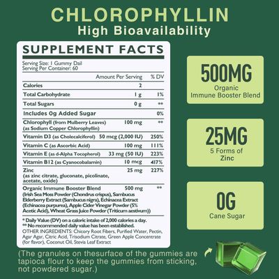Sugar Free Chlorophyll Gummies - with Unfiltered ACV, Sea Moss Elderberry, Echinacea, Vitamin D3, C, E, B12 - Natural Deodorant, Breathe Fresh, Immune Digestion Support, Vegan Delicious Chews 60Ct