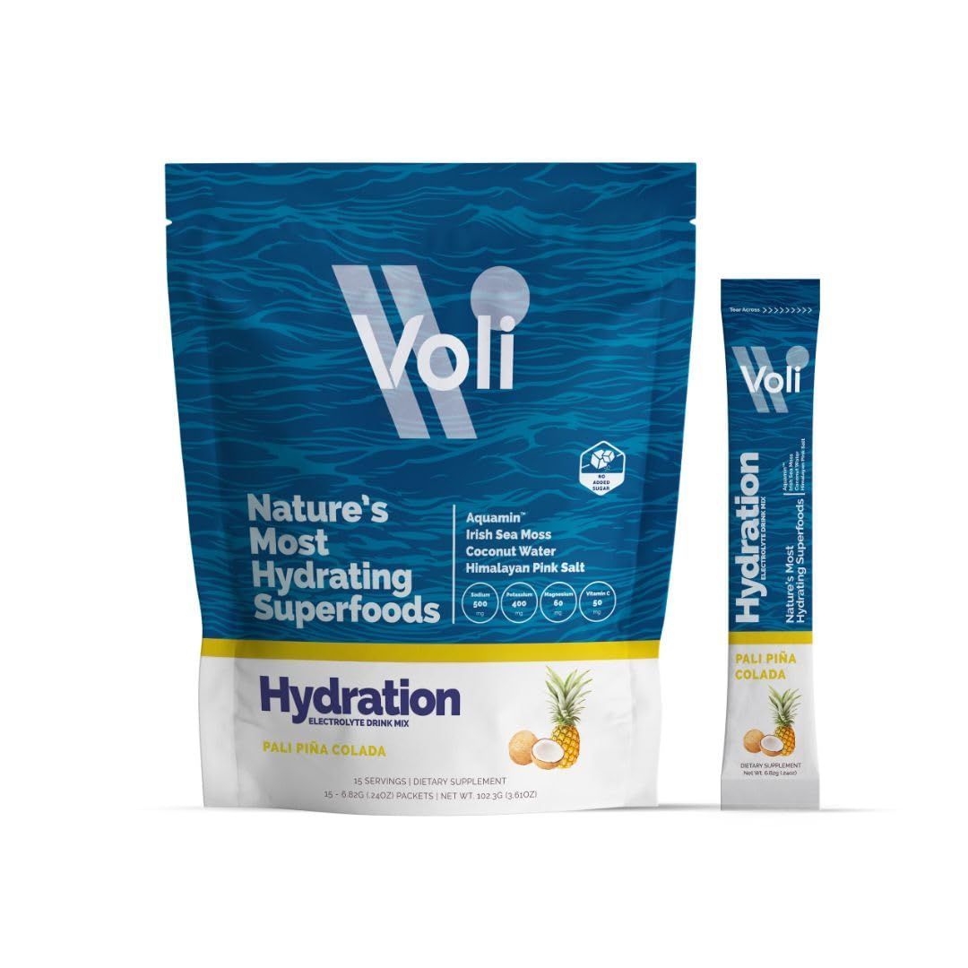 Voli Hydration Electrolytes Powder Packets - Drink Mix - Pali Pina Colada, 15 Ct - Superfoods Minerals - Coconut Water, Aquamin Magnesium, Himalayan Pink Salt Irish Sea Moss - No Added Sugar