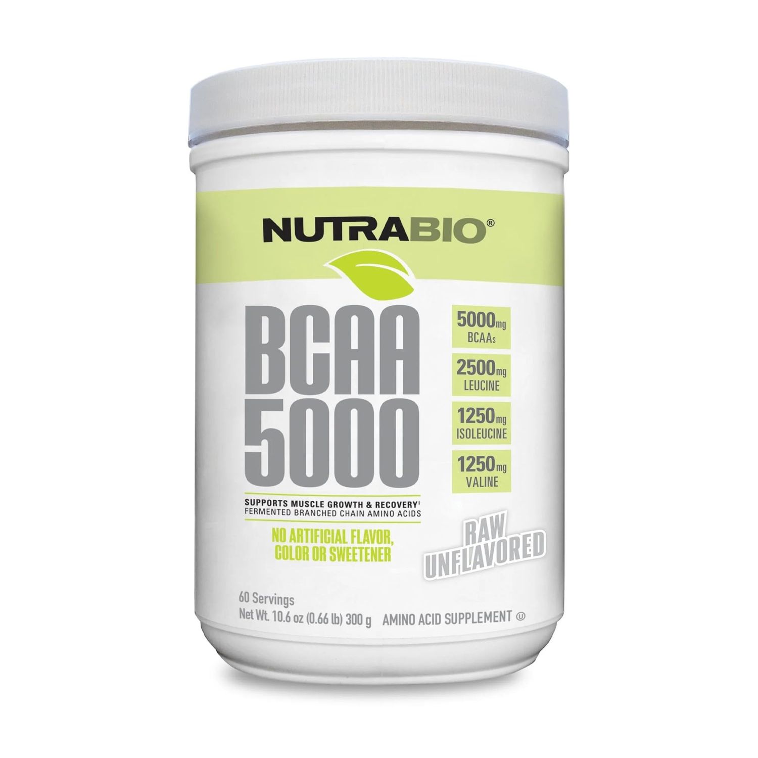 NutraBio BCAA 5000 Powder - Fermented Branched Chain Amino Acids for Muscle Growth Recovery - Natural Flavors, Sweeteners, and Coloring, Vegan, Gluten Free - Unflavored, 60 Servings