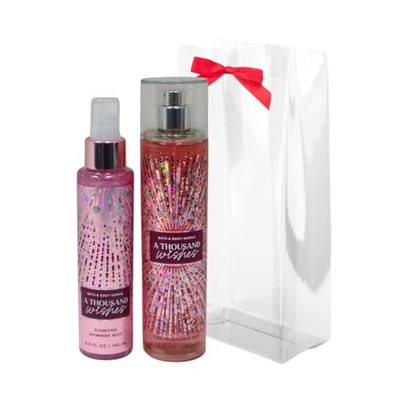 Bath Body Works A Thousand Wishes Fine Fragrance Body Mist 8 oz A Thousand Wishes Fine Fragrance Shimmer Body Mist 4.9 oz Gift Set packaging with a Red bow