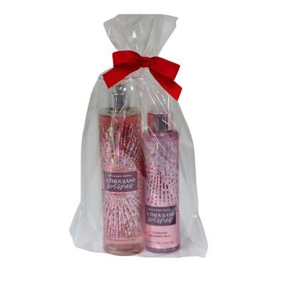Bath Body Works A Thousand Wishes Fine Fragrance Body Mist 8 oz A Thousand Wishes Fine Fragrance Shimmer Body Mist 4.9 oz Gift Set packaging with a Red bow