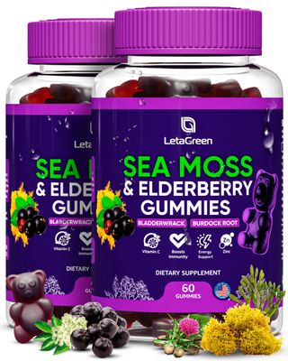 LetaGreen Irish Sea Moss Gummies - Sea Moss Bladderwrack Burdock Elderberry - 60 Vegan Seamoss Bears - Elderberry Gummies for Kids Adults with Vitamin C Zinc (Pack of 2)