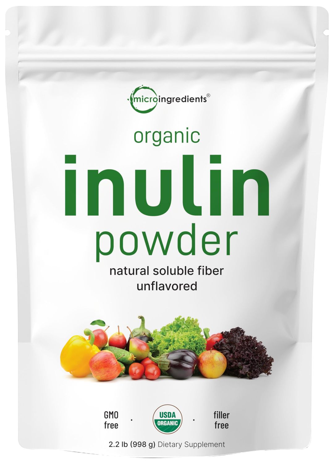 Organic Inulin FOS Powder (Jerusalem Artichoke), 2.2 Pounds (35 Ounce), Quick Water Soluble, Prebiotic Intestinal Support for Colon and Gut Health, Natural Fibers for Smoothie Drinks, Vegan Friendly