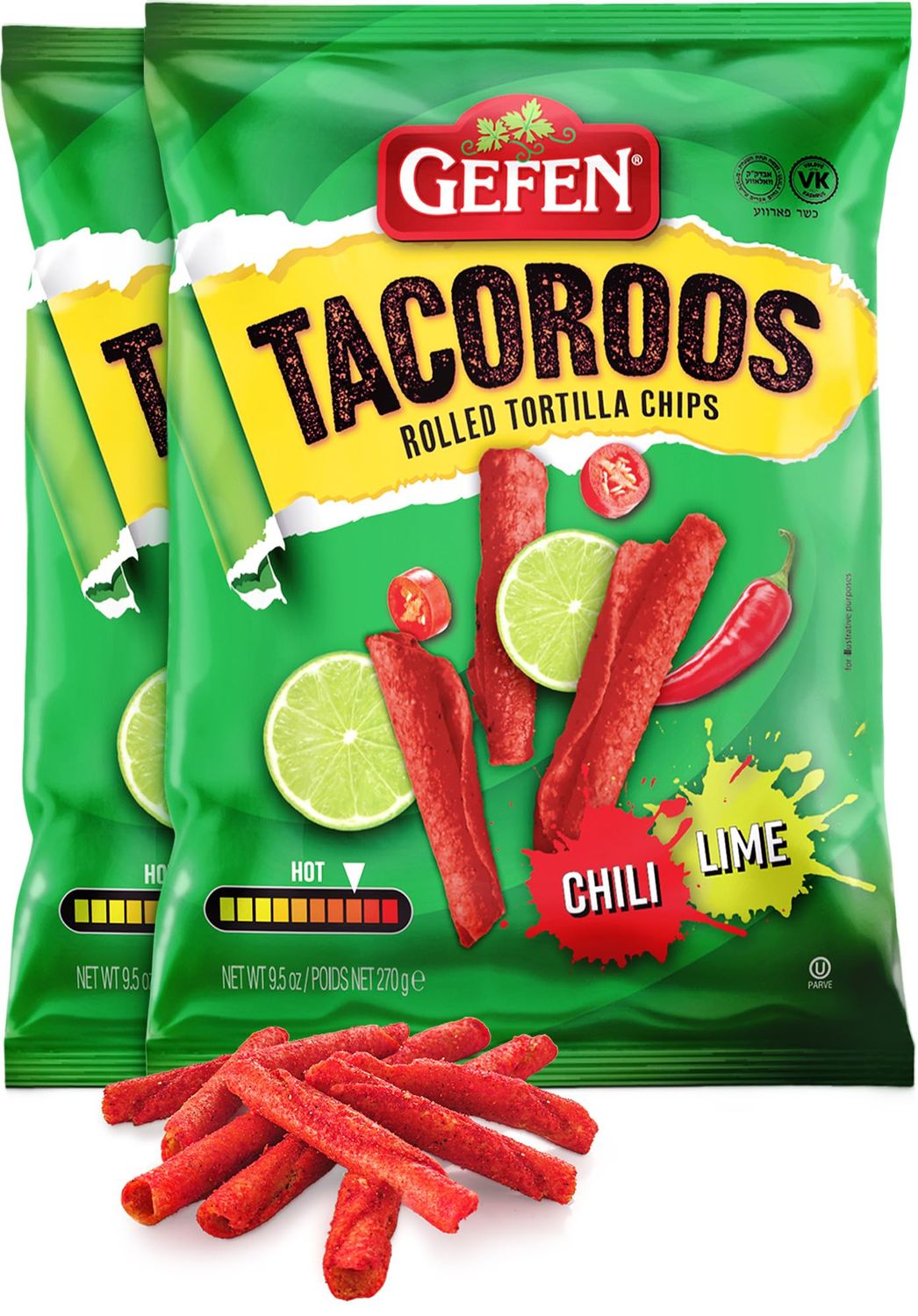 Gefen Chili Lime Tacoroos, Rolled Tortilla Chips, 9.5oz (2 Pack) Crunchy Spicy Chips Extreme Heat Party Size