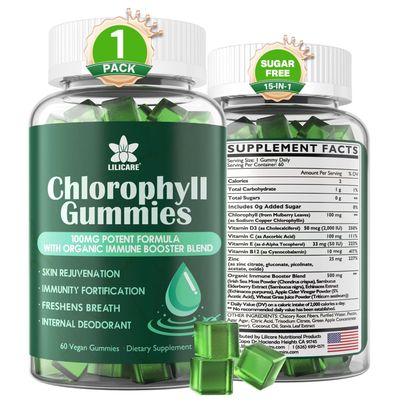 Sugar Free Chlorophyll Gummies - with Unfiltered ACV, Sea Moss Elderberry, Echinacea, Vitamin D3, C, E, B12 - Natural Deodorant, Breathe Fresh, Immune Digestion Support, Vegan Delicious Chews 60Ct