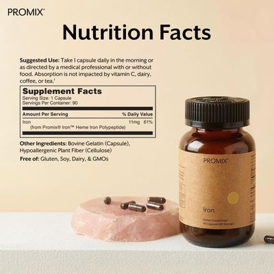 Promix Nutrition Heme Iron Supplement Gut Friendly 11mg polypeptide Formula - 90 Count