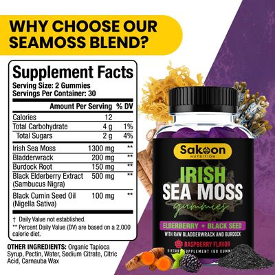 Irish Sea Moss Gummies with Elderberry Black Seed Oil - Overall Wellness Support Rich in Vitamins, Raspberry Flavor 60 Gummies