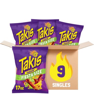 Takis Fuego 9 ct, 17 oz Fiesta Size Case, Hot Chili Pepper Lime Flavored Extreme Spicy Rolled Tortilla Chips