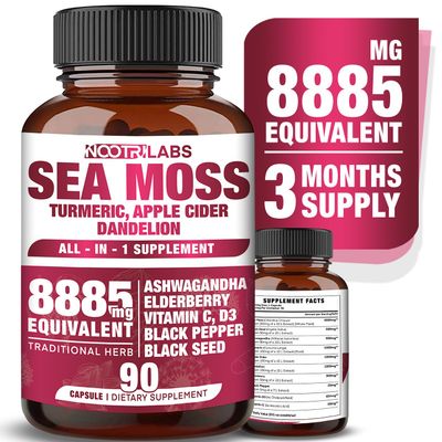 All-in-1 8885mg Highest Potency Sea Moss, Black Seed, Ashwagandha, Turmeric, Apple Cider Vinegar, Dandelion with Elderberry, Vitamin C D3 - Immune, Energy Support Supplement - 90 Vegan Capsules