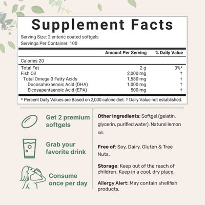 Omega 3 Fish Oil DHA Supplements 1000mg with EPA 500mg, 200 Softgels - Lemon Flavored, Burpless (Enteric Coated) Deep Sea Fresh Fish, Wild Caught from Norwegian Waters Mercury Free