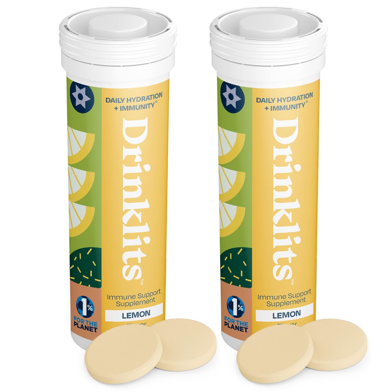 Drinklits Lemon Immune Support Tablets (2) Tube Bundle Daily Immunity - 0g Sugar - Vitamins - Electrolytes - Herbal Blend 20 Servings - 10 Tablets per Tube