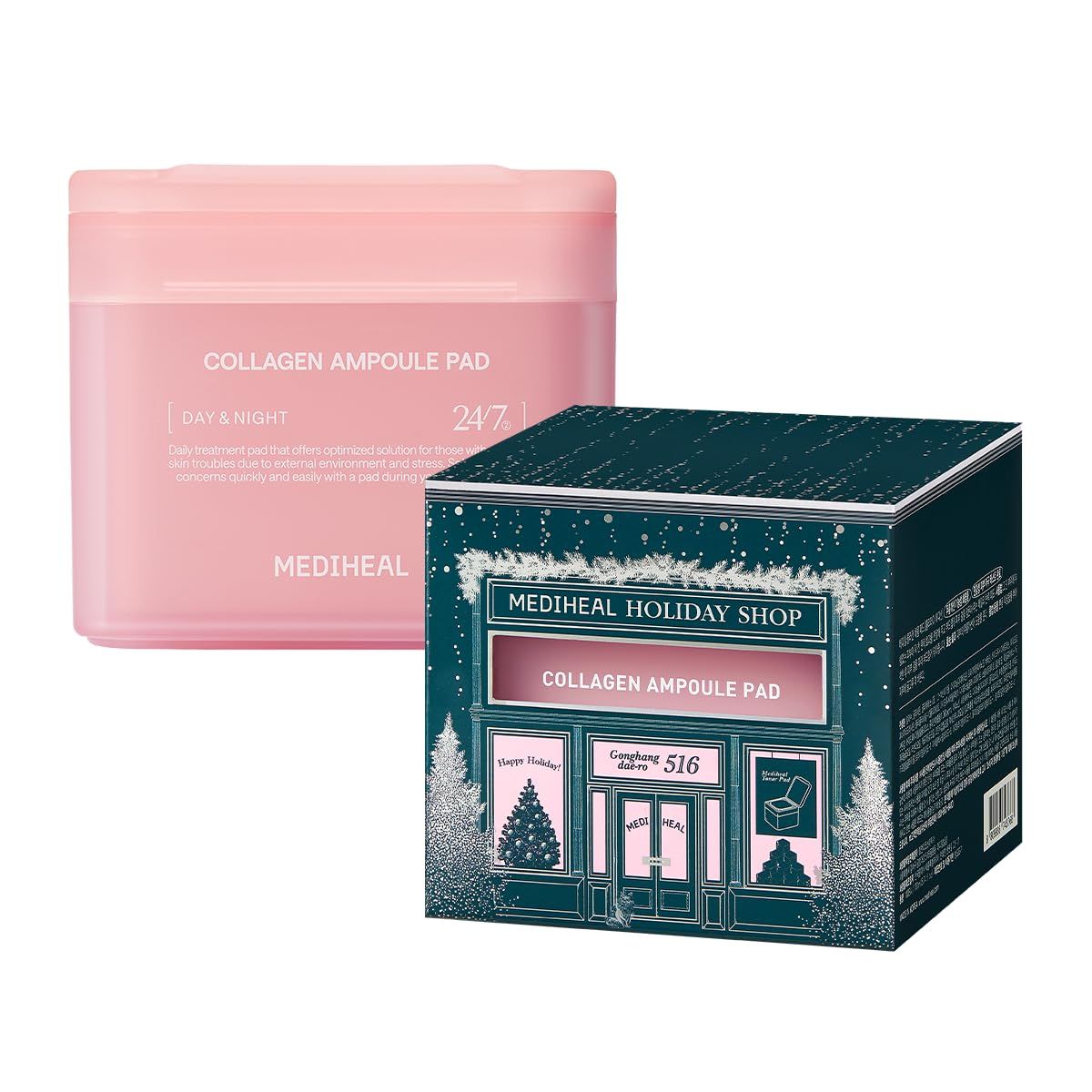 Mediheal Holiday Edition Collagen Ampoule Pad -Skin Firming Restore Elasticity - Tighten Wrinkles Lines - Vegan Eco Silk Pads,100 Pads,Christmas Gift