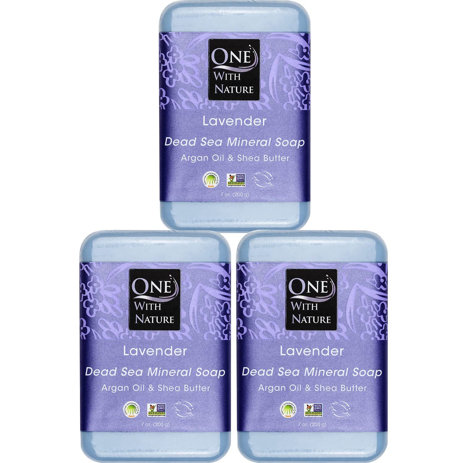 One With Nature Dead Sea Salt Lavender Soap 7oz Bars 3Pack - Dead Sea Salt Contains Magnesium, Sulfur 21 Essential Minerals - Ideal for All Skin - Shea Butter, Argan Oil Enriches, Natural Fragrance
