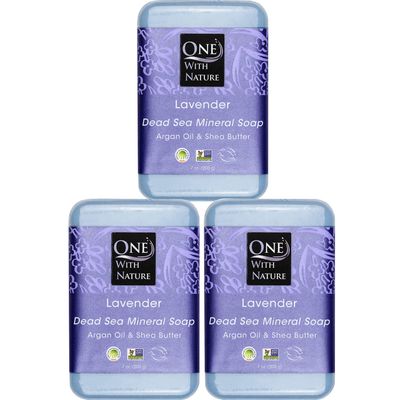 One With Nature Dead Sea Salt Lavender Soap 7oz Bars 3Pack - Dead Sea Salt Contains Magnesium, Sulfur 21 Essential Minerals - Ideal for All Skin - Shea Butter, Argan Oil Enriches, Natural Fragrance