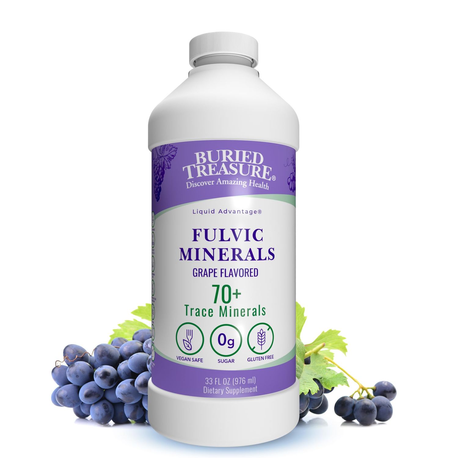 Buried Treasure Fulvic Minerals Grape Flavored - Colloidal Minerals from Humic Fulvic Acid, Electrolytes from Trace Minerals for Recovery and Wellness Support. Add to Water - 32 Servings