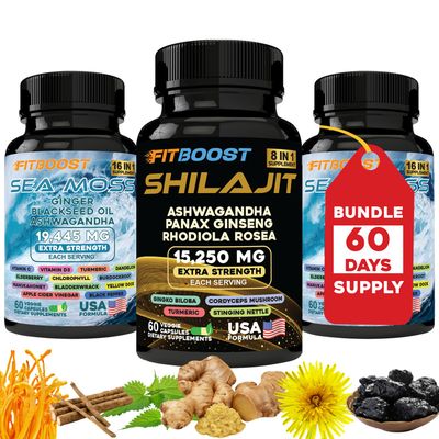 FITBOOST 60Day Supply Sea Moss and Shilajit Bundle for Men All-in-1 Dynamic Vitality Bundled Seamoss Black Seed Oil Ashwagandha Burdock Root Delicately Prepared for You to Raintain Regain Strength