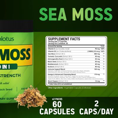 Zolotus (2 Packs 60 Capsules Sea Moss Supplement 40 in 1, with Turmeric Curcumin, Ashwagandha Root, Bladderwrack for Immune System, Body Balance Heart Health