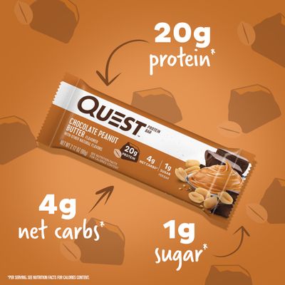 Quest Nutrition Chocolate Peanut Butter Protein Bars, 20g Protein, 1g Sugar, 5g Net Carb, Gluten Free, Keto Friendly, 4 Count