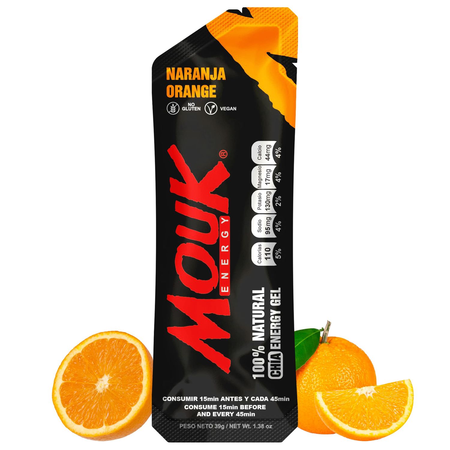 MOUK Energy Workout Sports Nutrition Energy Gel - Orange Flavor All Natural with Whole Chia Seeds Easy Digestion, Vegan, Gluten Free, Essential Electrolyte 1.38 Ounce (Pack of 10)