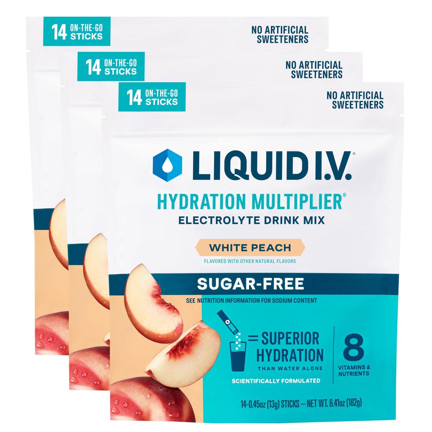 Liquid I.V. Hydration Multiplier Sugar-Free - White Peach - Hydration Powder Packets Electrolyte Powder Drink Mix Convenient Single-Serving Sticks Non-GMO 14 Servings (Pack of 3)