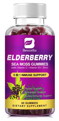 B BEWORTHS Elderberry Gummies Irish Sea Moss, Organic Sambucus Elderberry Gummy with Seamoss, Zinc, Vitamin C, D3, Multivitamin Elderberry Vitamin Energy Support Supplements - Sugar-Free