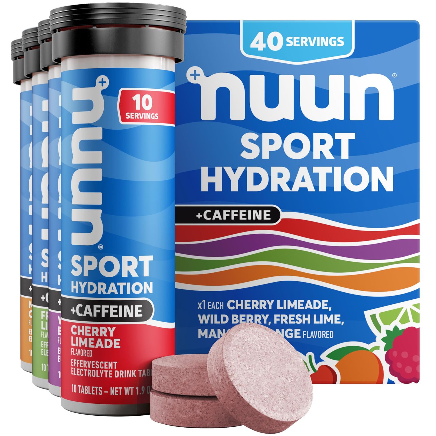 Nuun Sport Electrolyte Tablets with Caffeine from Green Tea Extract, Magnesium, Calcium, Potassium, Chloride Sodium, Gluten Free Vegan, Mixed Flavors, 4 Pack (40 Servings Total)