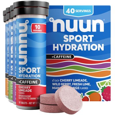 Nuun Sport Electrolyte Tablets with Caffeine from Green Tea Extract, Magnesium, Calcium, Potassium, Chloride Sodium, Gluten Free Vegan, Mixed Flavors, 4 Pack (40 Servings Total)