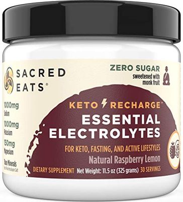 Sacred Eats Keto Electrolyte Powder Hydration Supplement 1000mg Potassium Sodium, 150mg Magnesium No Sugar Stevia, Sweetened with Monk Fruit Only Natural Raspberry Lemon (30 Servings)