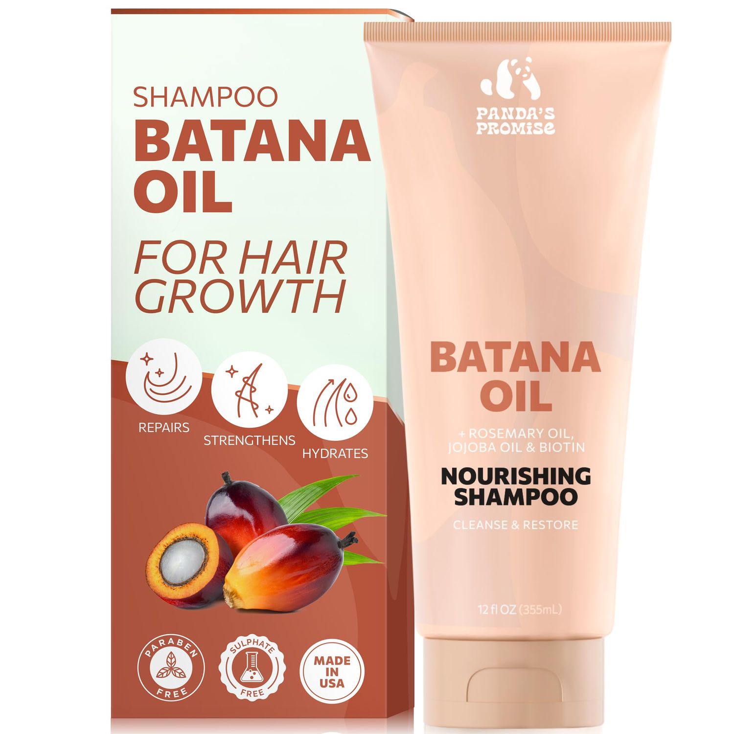 Panda&#39;s Promise Batana Oil Hair Growth Shampoo - Natural Thickening Formula with Rosemary, Jojoba Biotin - Sulfate-Free Batana Oil Shampoo for Curly, Coily, and Damaged Hair, 3C-4C Locks (12 fl oz)