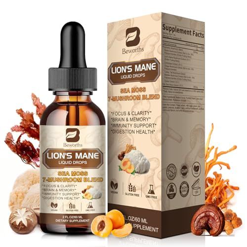 B BEWORTHS Lion&#39;s Mane Mushroom Liquid Drops - Sea Moss Mushrooms Supplement Complex Support Memory Focus, Immunity Boost - Lions Mane, Reishi, Cordyceps, Chaga, Turkey Tail, Oyster, Maitake Vegan