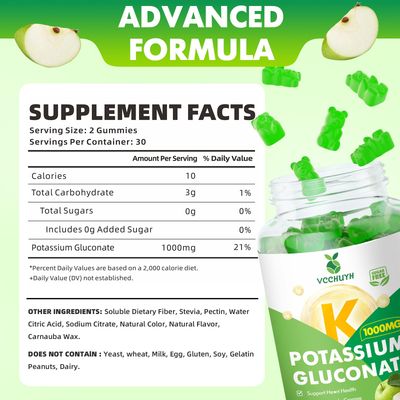 VCCHUYH Potassium Gummies 1000mg for Adults Kids, High Dose Potassium Gluconate Supplement Potassium Gluconate Gummies Support Muscle Cramps Electrolyte Balance, Apple Flavor 60 Count