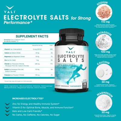 VALI Electrolyte Salts Rapid Oral Rehydration Replacement Pills. Hydration Nutrition Powder Supplement, Recovery Relief Fast. Fluid Health Essentials. Keto Salt Mineral Tablets. 120 Veggie Capsules