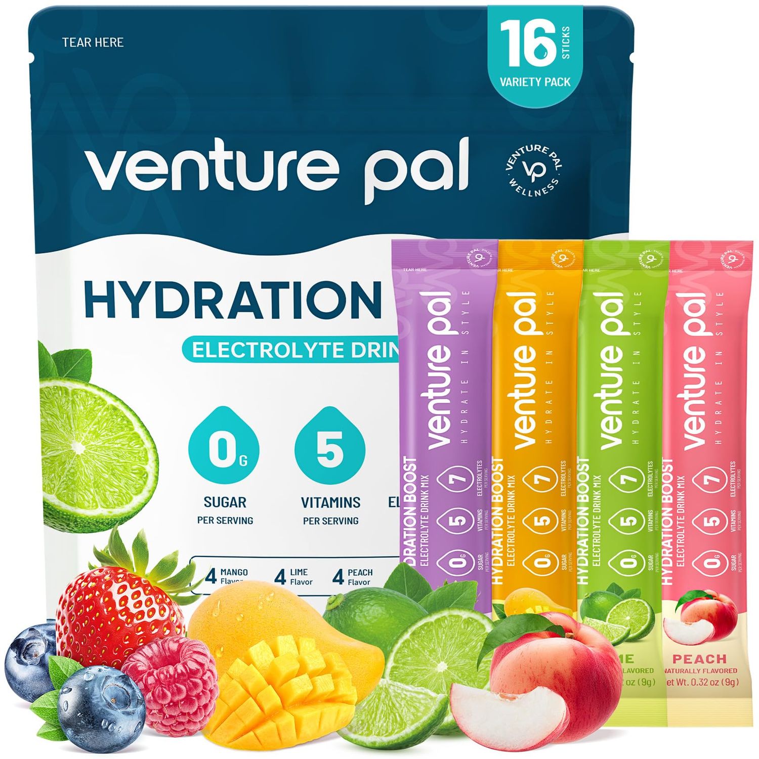 Venture Pal Sugar Free Electrolyte Powder Packets - Liquid Daily IV Hydration Packets Electrolytes Drink Mix with 5 Vitamins 7 Electrolytes Keto Friendly Non-GMO Certified Vegan 16 Sticks