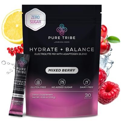 PURE TRIBE Electrolytes Powder Packets - Sugar Free Hydration Powder Drink Mix Loaded with 6 B Vitamins Minerals - Energy Drink for Muscle and Mood Support - Mixed Berry Flavor - 30 Servings