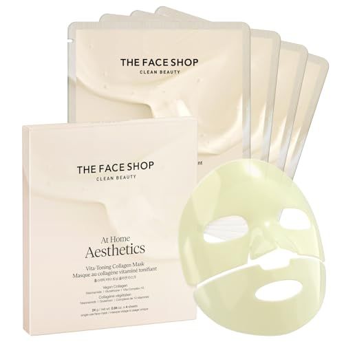 THE FACE SHOP Vita-Toning Vegan Collagen Face Mask, Korean Glass Skin Essential, Hydrogel Mask for Moisturizing Skin Elasticity, Improves Uneven Tone, 4EA