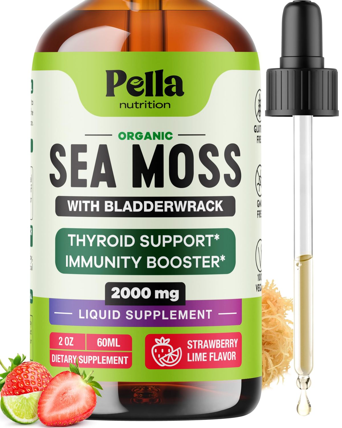 Pella Nutrition Organic Sea Moss Drops - 4X Stronger Than Irish Sea Moss Gel, Capsules and Gummies - Superfood Supplement - Immune Support Supplement (Strawberry Lime, 60mL)