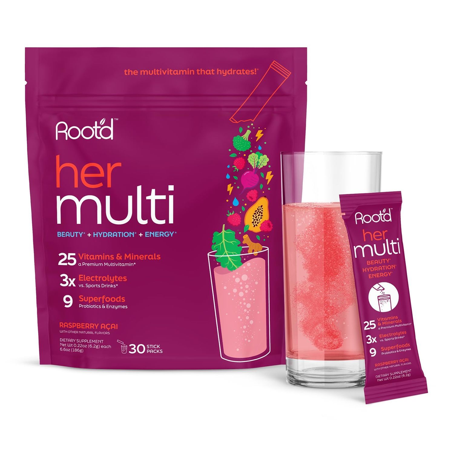 Root&#39;d Multivitamin Powder for Women - 25 Vitamins Minerals with 3X Electrolytes, 9 Organic Superfoods, Probiotics Enzymes, Sugar-Free Multivitamin Hydration 30 Vitamin Drink Mix Packets