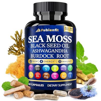 Organic Sea Moss Capsules - contain seamoss black seed oil ashwagandha burdock root Ginger Essential Vitamins - Superfood for Immune Boost, Digestive Health, and Overall Wellness, 60 Capsules