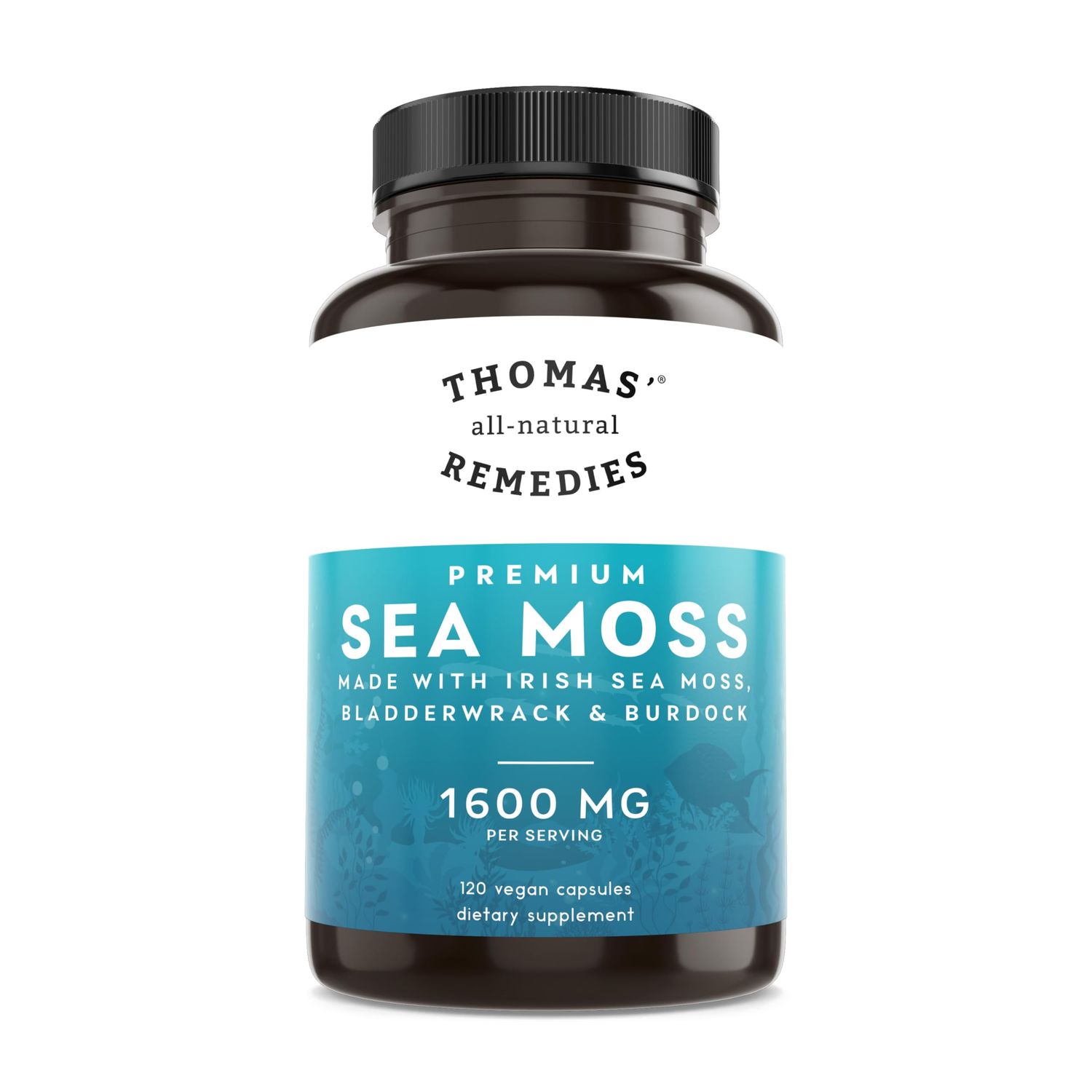 Thomas&#39; all-natural Remedies Sea Moss with Burdock and Bladderwrack, 1600mg - Immune System Digestive Health, Keto Detox, Gut, Energy Joint Support, No fillers, All-Natural, Vegan - 120 Capsules